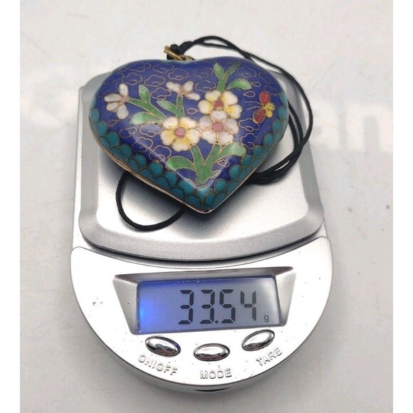 Antique Vintage Brass Enamel Cloisonne Heart Pendant Necklace 2" Statement 33.5g - Picture 10 of 10
